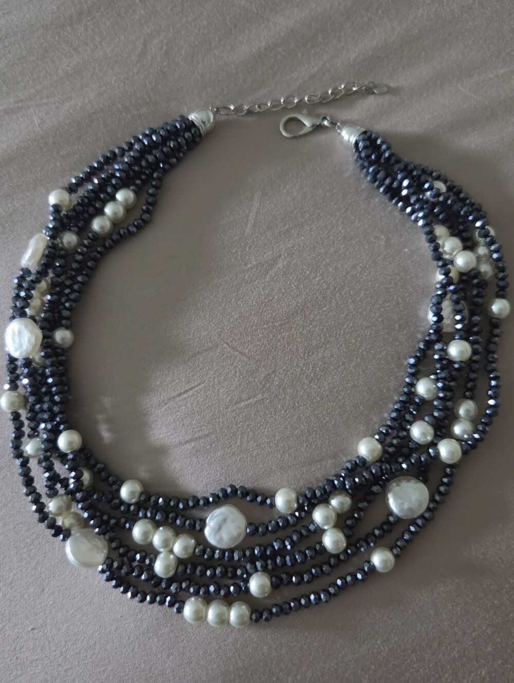 Multi-Strand Dark Blue Bead White Pearl Necklace - Style like Lucky Brand, Boho